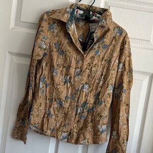 Button-Down Floral Shirt in Tan and Blue